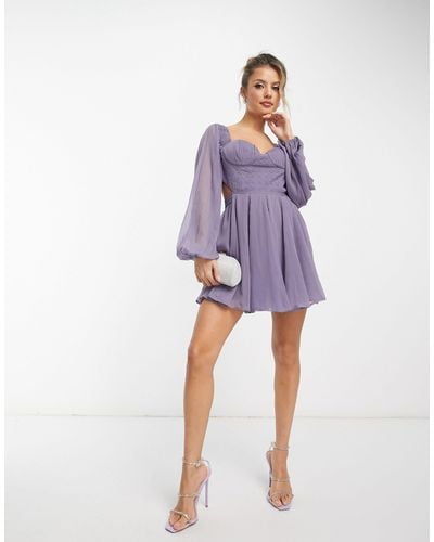ASOS Mini Dress With Corset Lace Detail And Blouson Sleeves - Purple