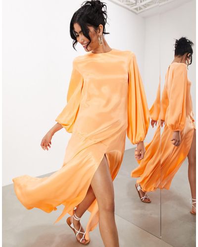 ASOS Satin Long Sleeve Maxi Smock Dress - Orange
