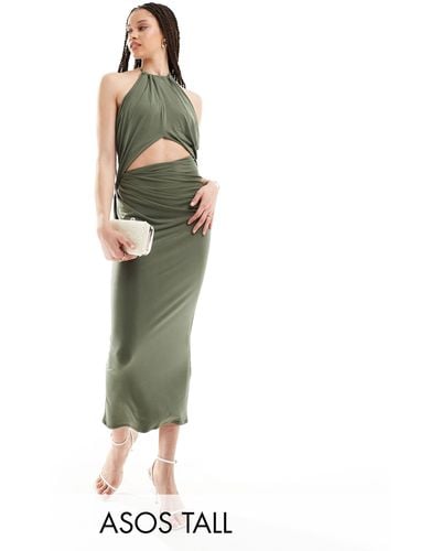 ASOS Asos design tall - robe mi-longue à fronces et dos nu avec découpe au centre - kaki pâle - Vert