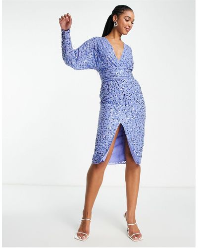 ASOS Midi Dress With Batwing Sleeve And Wrap Waist - Blue