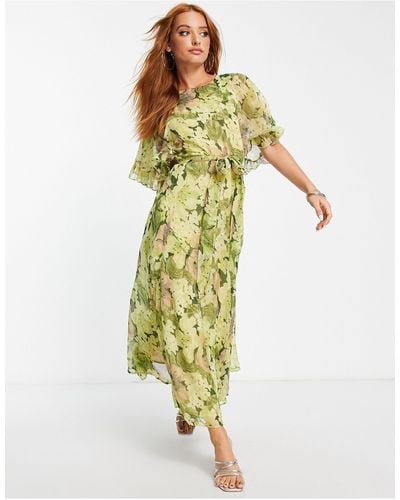 TOPSHOP Ruffle Belted Floral Occasion Midi Dress - Green