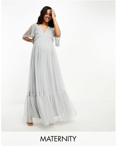 Beauut Maternity Bridesmaid Tulle Maxi Dress With Flutter Sleeve - White