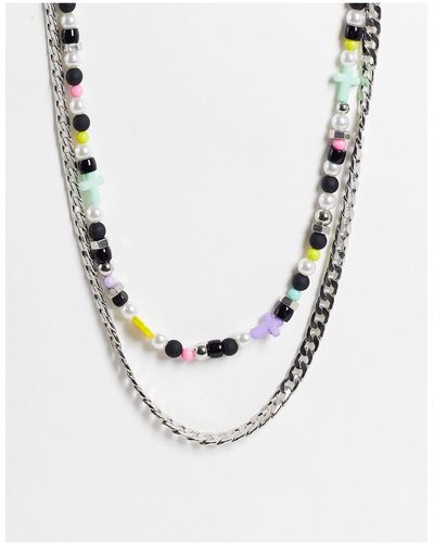 Bershka Pearl And Bead Necklace - Metallic