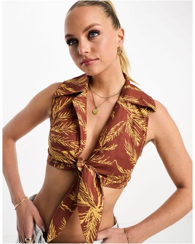 Charlie Holiday Palma Tie Front Crop Top - Brown