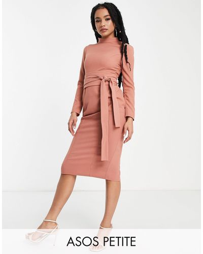 ASOS Asos Design Petite Long Sleeve Midi Dress With Obi Belt - Pink