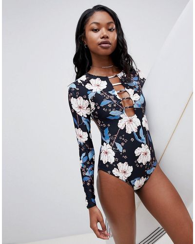 Billabong Zwempak Met Lange Mouwen En Bloemenprint - Blauw