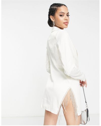 Femme Luxe Side Spilt Diamante Trim Blazer Dress - White