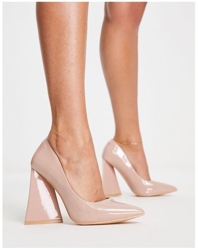 Glamorous Patent Block Heel Court Shoes - Natural