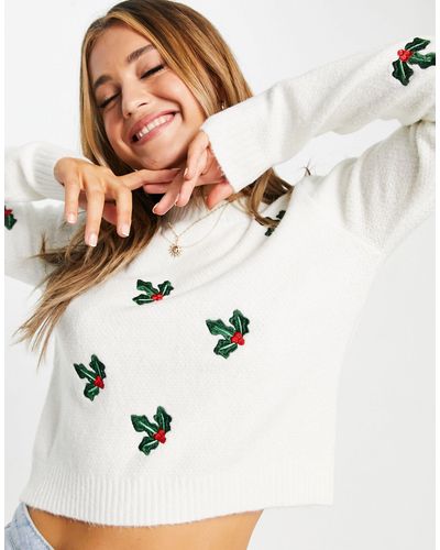 Miss Selfridge Embroidered Holly Christmas Jumper - White