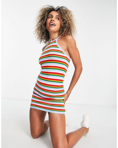 Collusion Knitted Halter Neck Dress With Striped Print - Multicolour
