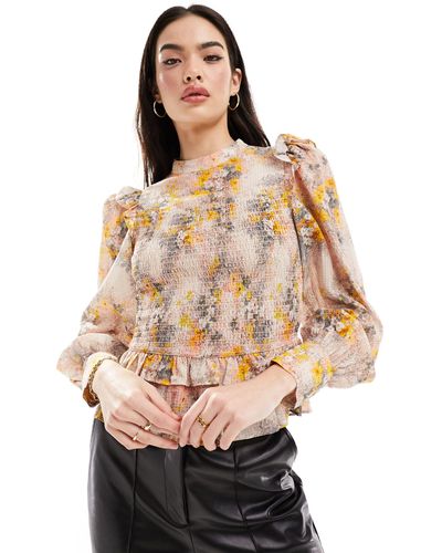 & Other Stories High Neck Long Sleeve Blouse With Frill Shoulder And Volume Sleeves - Natural