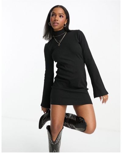 Monki Ribbed Roll Neck Mini Dress With Long Split Sleeves - Black