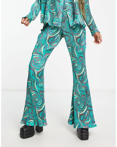 Daisy Street Pantalon d'ensemble décontracté en tissu plissé imprimé tourbillon - Vert
