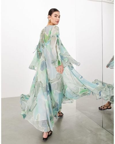 ASOS Long Sleeve Chiffon Maxi Dress With Gathered Detail - Green