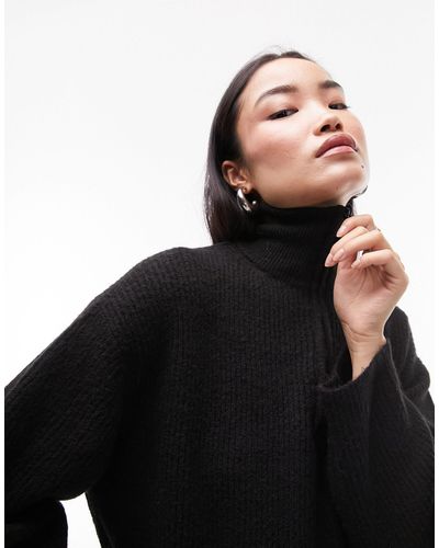TOPSHOP Knitted Longline Sweater With Zip Up Funnel - Black
