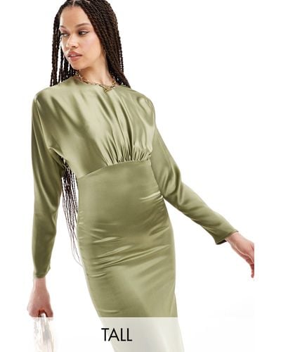 Flounce London Satin Maxi Dress With Kimono Sleeve - Green