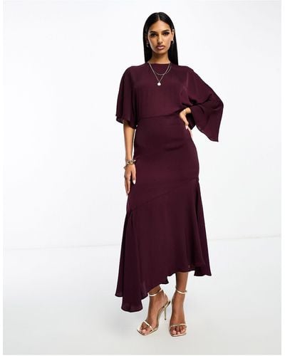 ASOS Satin Flutter Sleeve Asymmetric Hem Midi Dress - Purple