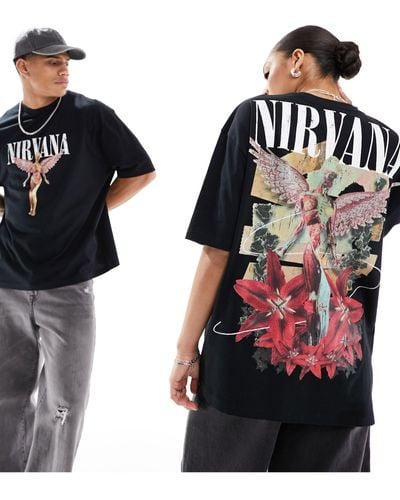 ASOS T-shirt unisex oversize nera con stampe grafiche della band nirvana con angelo su licenza - Nero