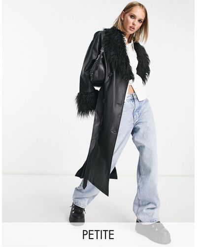 Urbancode Longline Pu Trench Coat With Faux shaggy Fur Collar - White