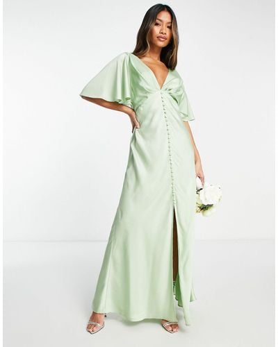 ASOS Bridesmaid Satin Cape Sleeve Maxi Dress With Button Detail - Green