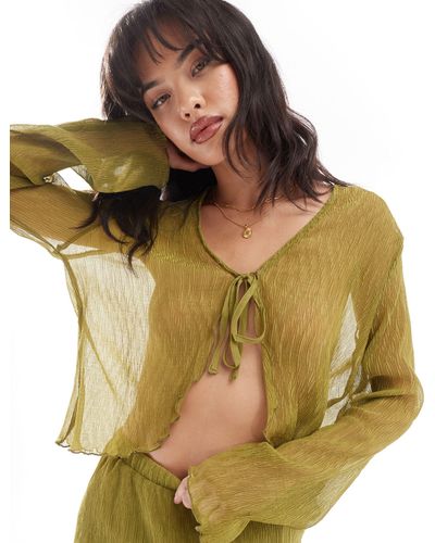 Pieces Woven Sheer Plisse Tie Front Top Co-ord - Green