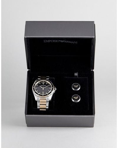 Emporio Armani Ar80017 Bracelet Watch & Cufflinks Gift Set In Mixed Metal - Metallic