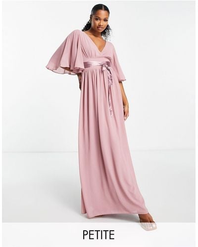 TFNC London Bridesmaid Kimono Sleeve Pleated Maxi Dress With Angel Sleeve - Pink