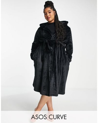ASOS Asos Design Curve Exclusive Super Soft Fleece Midi Robe - Black
