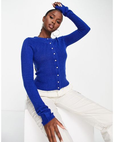 Brave Soul Button Down Crew Neck Cardigan With Pearl Buttons - Blue