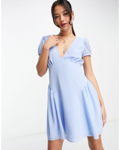 ASOS Short Sleeve V-neck Chiffon Mini Dress - Blue
