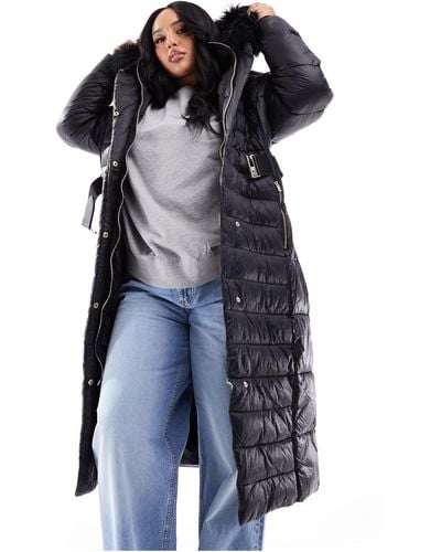 River Island Maxi Belted Puffer With Faux Fur Hood - Blue
