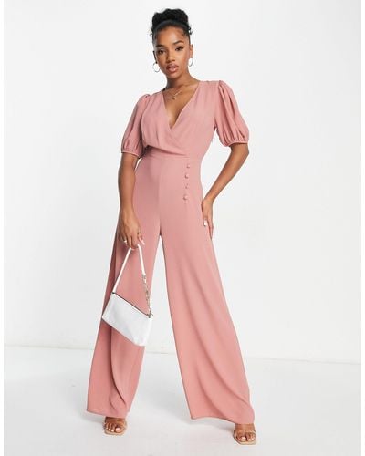 ASOS Bubble Crepe V Neck Puff Sleeve Jumpsuit - Pink