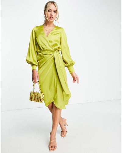 Never Fully Dressed Satin Wrap Midi Dress - Yellow