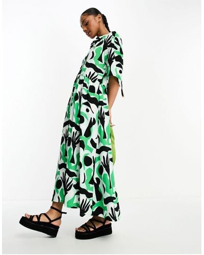 Monki Aangerimpelde Midi-jurk Met Abstracte E Print - Wit