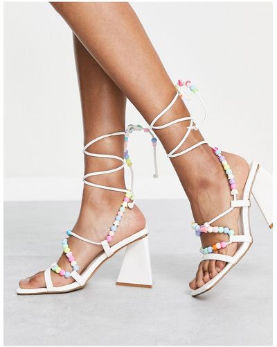Daisy Street Exclusive Heeled Sandals With Beaded Ankle Tie - Multicolor