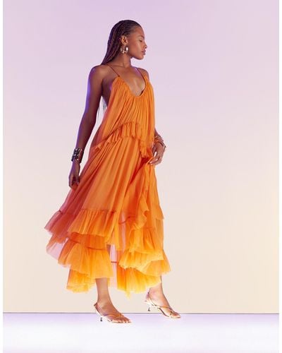 ASOS Scoop Neck Trapeze Maxi Dress With Frill - Orange
