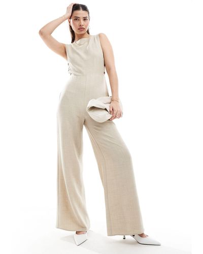 ASOS High Neck Button Side Detailed Wide Leg Jumpsuit - Natural