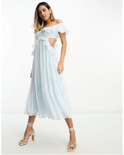 ASOS Midi-jurk Met Ruches, Uitsnijdingen En Blote Schouders - Blauw