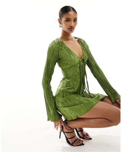 In The Style Tie Front Plisse Mini Dress - Green