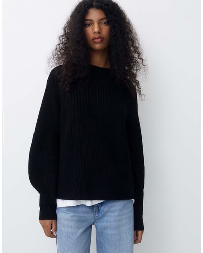 Pull&Bear Ribbed Crew Neck Knitted Jumper - Black