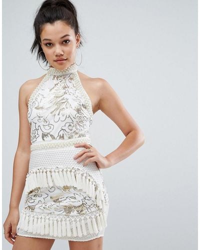 PrettyLittleThing Premium Halterneck Sequin Tassel Bodycon Dress - White