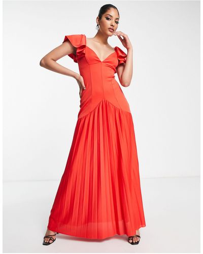 ASOS Ruffle Shoulder Pleated Maxi Dress - Red