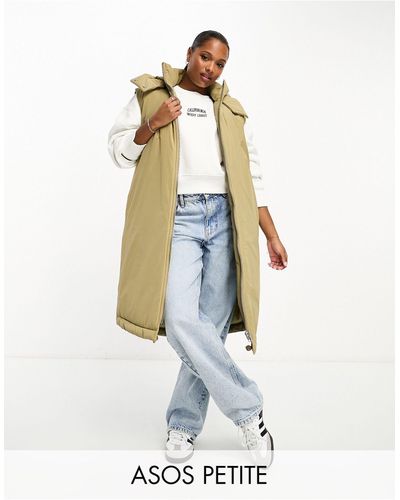 ASOS Asos design petite - veste longue sans manches toucher papier - kaki délavé - Blanc