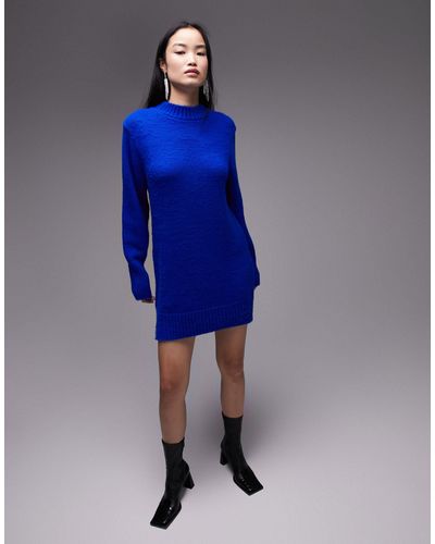 TOPSHOP Knitted Crew Neck Dress - Blue