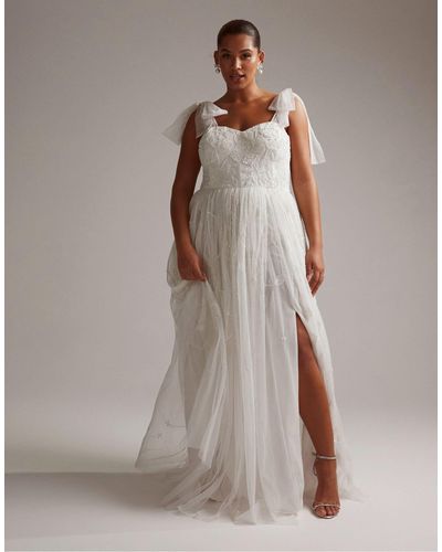 ASOS Asos Design Curve Mila Floral Embellished Mesh Wedding Dress With Tie Straps - Gray