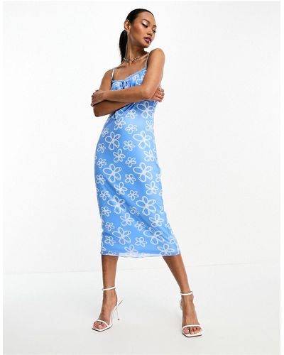 Glamorous Vestito midi con spalline sottili con bustino arricciato e stampa stilizzata - Blu