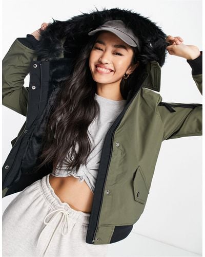 Hollister Cropped Parka Jacket With Faux Fur Hood - Green