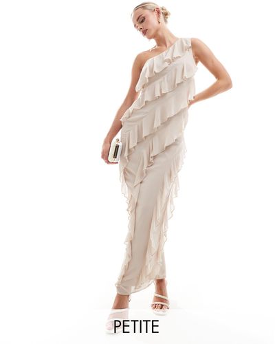 TFNC London L'invitée - robe longue asymétrique en mousseline à volants - écru - Blanc