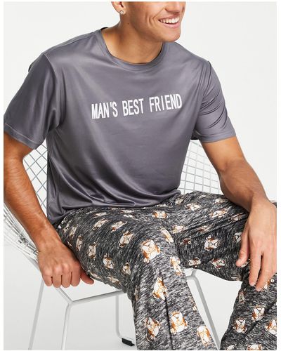 Loungeable Mans Best Friend Long Pyjama Set - Grey