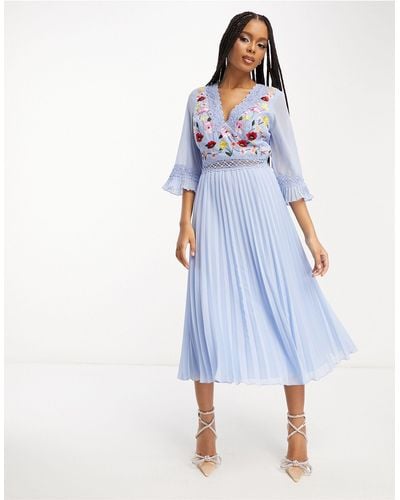 ASOS Lace Insert Pleated Midi Dress With Embroidery - Blue